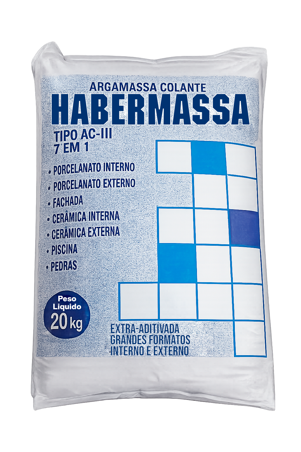 Embalagem da argamassa colante Habermassa AC-III azul para aplicações técnicas.